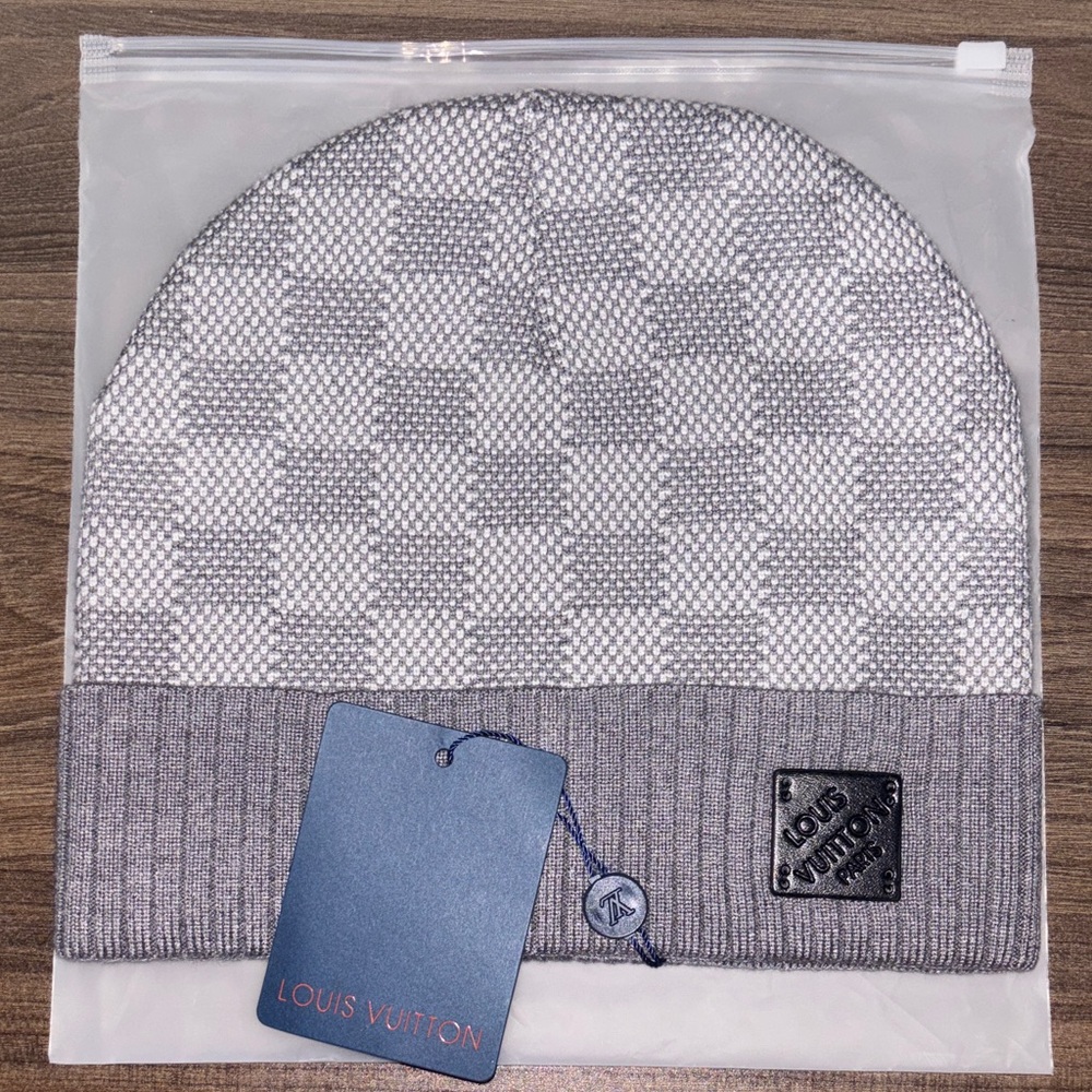 Louis Vuitton Grey Checker Ribbed Cuff Beanie
